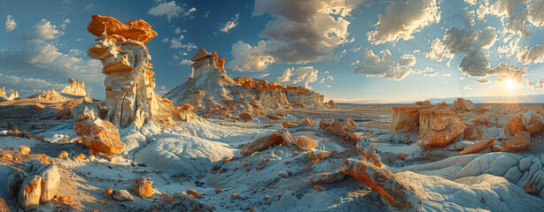 A panoramic view of an alien like landscape with intricate rock formations under a dramatic sunset sky. - obrazy, fototapety, plakaty