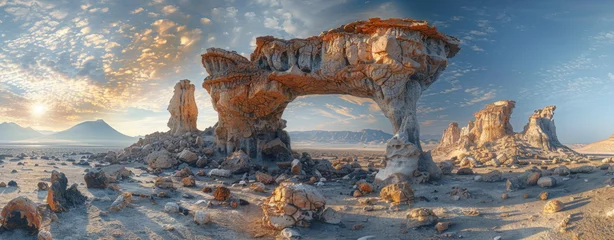 Poster Panoramic view of a surreal, alien like landscape with towering rock formations under a cloud speckled sky at sunrise. © Valeriy