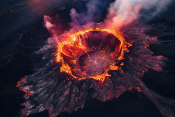 Volcano eruption from a bird view. Volcano crater and magma flow shot from above. Genertated AI. - 777495777