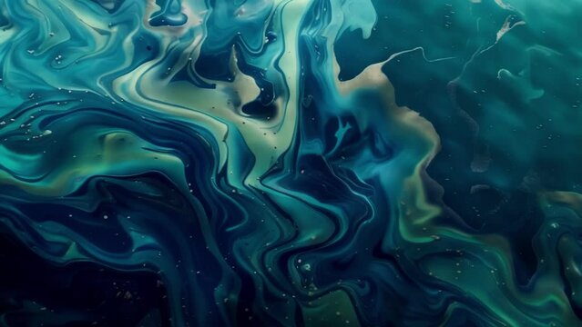 A vivid bluegreen algal bloom covering the surface of a body of water appearing like a thick layer of paint when viewed through a . AI generation.