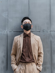 A stylish Asian man stands tall, his black mask adding an intriguing element to his ensemble. The upward viewing angle captures his confidence