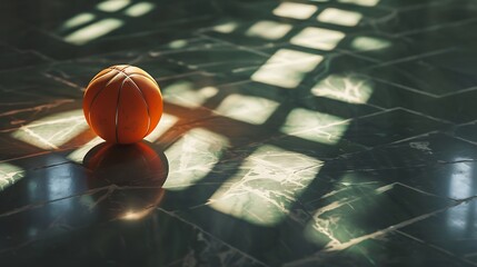 an artistic representation of a basketball ball lying on the polished floor of a sport arena or stadium, with the play of sunlight creating dynamic shadows and highlights attractive look - obrazy, fototapety, plakaty