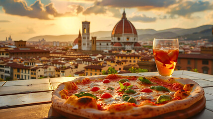 Savoring the Moment: Italian Pizza Joy with Landmarks and Sunset Glow - obrazy, fototapety, plakaty
