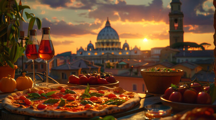 Sunset Sensation: Pizza Perfection with Italy's Landmarks in Sight - obrazy, fototapety, plakaty