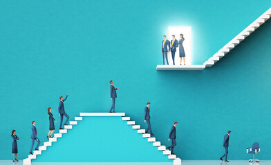 Businessman taking a chance to introduce a new startup idea to investors.  Business environment concept with stairs and open door representing achievement,  growth, success. 3D rendering