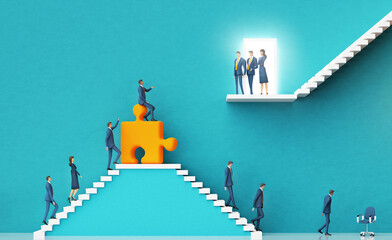 Businessman taking a chance to introduce a new startup idea to investors.  Business environment concept with stairs and open door representing achievement,  growth, success. 3D rendering