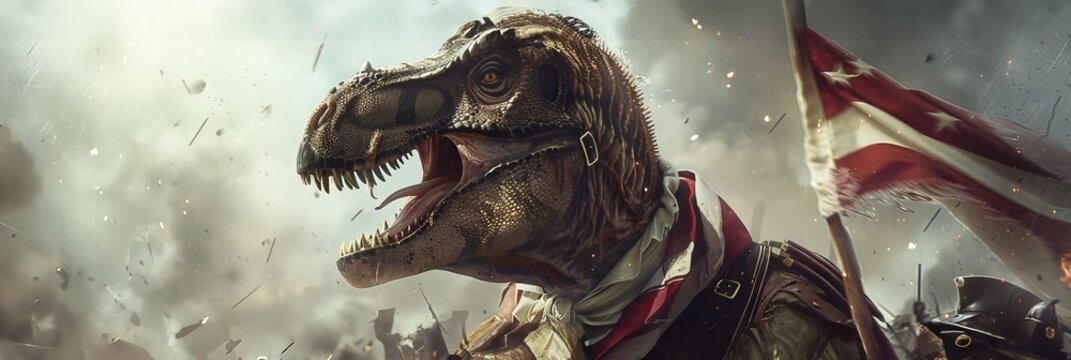 A Hadrosaur in colonial American garb, participating in the revolutionary war with its resonant calls rallying the troops