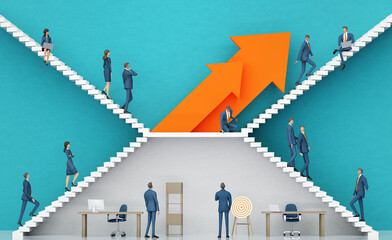 Business people walking up and down stairs. Business environment concept with stairs and open door representing achievement,  growth, success. 3D rendering
