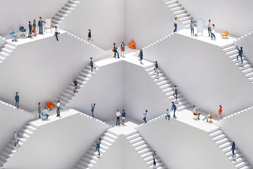 Business people working together in an abstract environment with stairs and multiple floor levels showing departments and branches. 3D rendering illustration	
