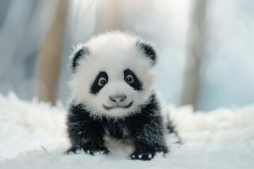 A baby panda toy peeks out with wide, curious eyes from a cozy embrace of white fluff