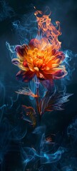 Fototapeta na wymiar A surreal image of a vibrant flower engulfed in gentle flames, its colors intensified by the fire, against a dark, moody background