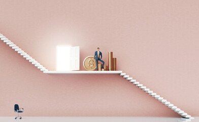 Successful banker. Business people stay next to coin stacks.  Business environment concept with stairs and opened door, representing career, advisory, growth, success