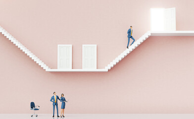 Businessman walking up stairs to the open door. Business environment concept with stairs and opened door, representing career, advisory, growth, success, solution and achievement. 3D rendering