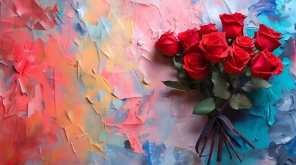 an artistic representation of a cutout bouquet of red roses on a background filled with diverse and...