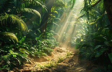 A tropical forest path with sunlight filtering through the trees, providing a mysterious and adventurous summer backdrop