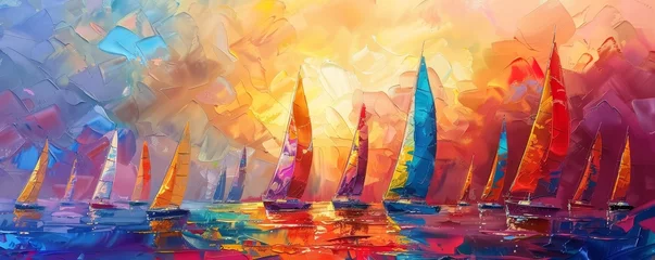 Fotobehang A vibrant regatta, sails ablaze with sunset colors, racing on the shimmering sea © Shutter2U