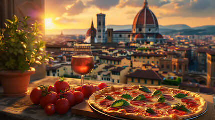 Italian Elegance: Pizza Enjoyment in the Glow of Sunset and Landmarks - obrazy, fototapety, plakaty