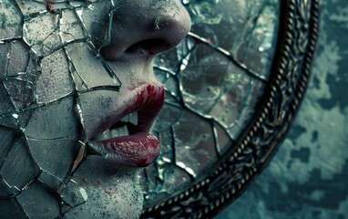 Close-up of a zombie's chapped lips whispering to a cracked, discolored mirror - obrazy, fototapety, plakaty