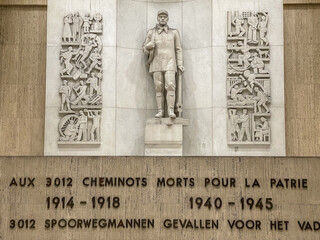 Detail of a World War memorial in a railway station in Brussels, Belgium