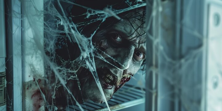 Close-up of a zombie's face peering into an empty, spider-webbed fridge, searching for food