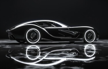 Futuristic car outline shimmering with white light, sleek reflection on a glossy obsidian floor