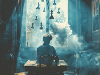 Man sitting alone, contemplating at a table with imaginary chess pieces hovering above, symbolizing social interactions, tension in the air