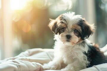 A Shih Tzu puppy, with a warm blend of white and brown fur
