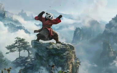 Kung fu panda in action, wearing traditional robes, on a misty mountain peak, displaying powerful martial arts stances and serene nature - obrazy, fototapety, plakaty