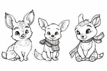 Fototapeta premium coloring Three cute fennec foxes in scarves, black and white illustration with copy spaceConcept: children's illustration, winter apparel, animal cuteness, character design