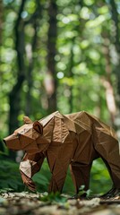 In the shade of a realistic forest, an origami bear lumbers along, its bulky paper form capturing the essence of this solitary woodland creature