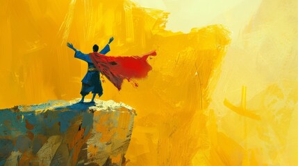 Small champion in blue with a scarlet cloak, celebrating victory on a vibrant yellow stage - obrazy, fototapety, plakaty