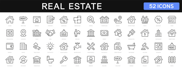 Real Estate thin line icons set. House, home, mortgage, agent, loan icon. Real estate editable stroke icon vector - obrazy, fototapety, plakaty