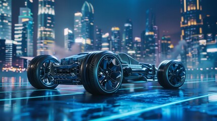Sleek electric vehicle chassis, phantom view, on a futuristic cityscape background, twilight ambiance - obrazy, fototapety, plakaty