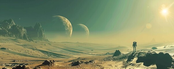 Space robot on an alien planet with hovering rocks and twin suns, mapping uncharted territories - obrazy, fototapety, plakaty