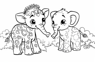 coloring book for children  black and white two baby mammoths 