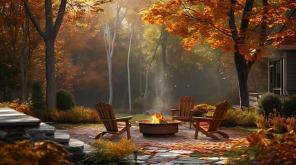 Fotobehang a visually appealing depiction of a tranquil autumn backyard setting, featuring a crackling fire pit and classic Adirondack chairs attractive look © Noman