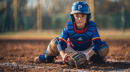 A milestone moment frozen in time a baseball player in their tenth year, wearing the familiar blue and red uniform, showcasing resilience and achievement on the field