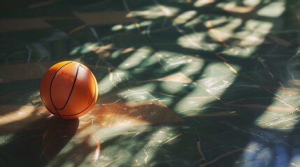 an artistic representation of a basketball ball lying on the polished floor of a sport arena or...