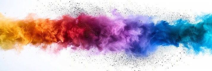 Holi festival, a festive banner. Colorful powder explosion in rainbow colors on white background.