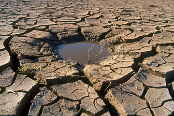 Dry cracked field except a small puddle of water