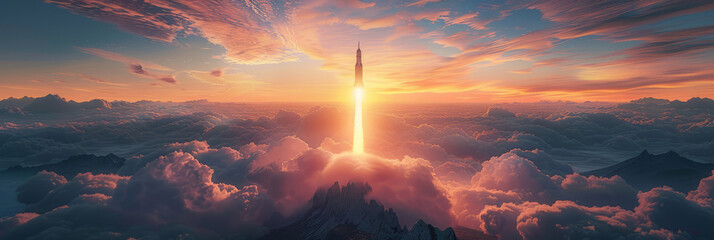 Rocket launch from Earth at sunrise with dramatic clouds. an impressive panorama. - obrazy, fototapety, plakaty
