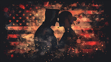 American Soldier Marriage Silhouette In front of American Flag, Happy Marriage, Generative Ai