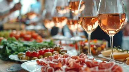 A spread of gourmet foods paired with glasses of rosé wine.