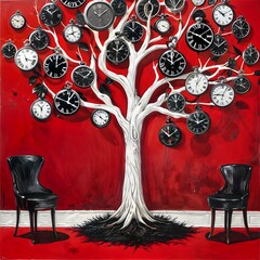 painting of a white tree with various white and black clocks growing on it, with two chairs on each side With a red background.