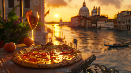 Savoring Italian Delights: Freshly Prepared Pizza Amidst Historic Sunset - obrazy, fototapety, plakaty