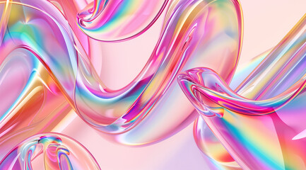 bright colorful holographic intertwinned rounded shapes over a pastel background