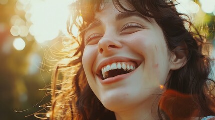 A candid portrait capturing a fleeting moment of laughter or joy, with genuine smiles and spontaneous gestures that radiate warmth and happiness. - obrazy, fototapety, plakaty