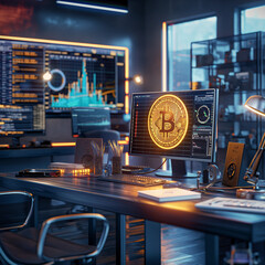 Bitcoin Cryptocurrency Concept on Work Desk