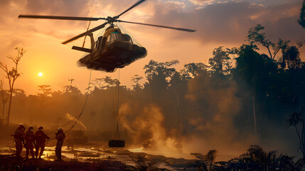 High-stakes Sling Load Operation Over a Forest Landing Zone at Dusk - obrazy, fototapety, plakaty