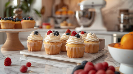 homemade muffins in the kitchen, blueberries, cherries, raspberries, delicious recipe
